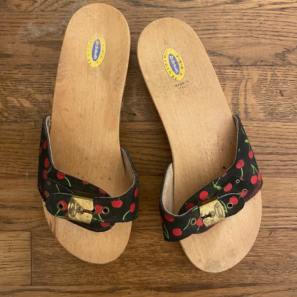 Vintage Black Suede Cherry Print 1990's Dr. Scholl's Original Women's size 9